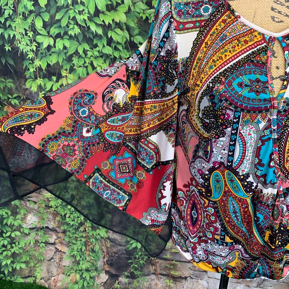 JENNIE & MARLIS Multicolored Stevie Nicks Style Print Butterfly Sleeve Blouse, S - Picture 4 of 10
